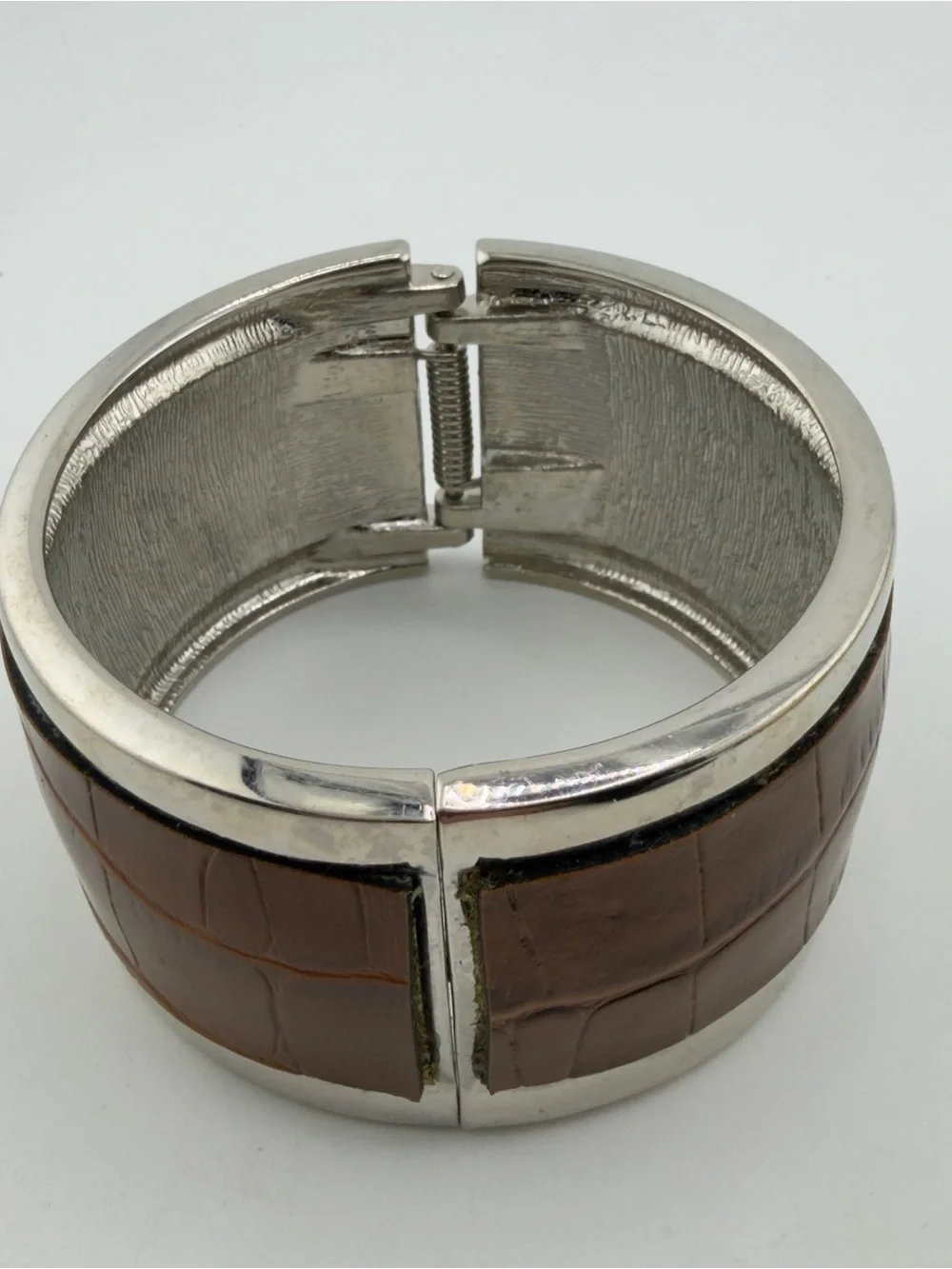 Silver-Toned Wide Cuff Clamper Bracelet with Brown Croc-Embossed Leather, 8-1/2”